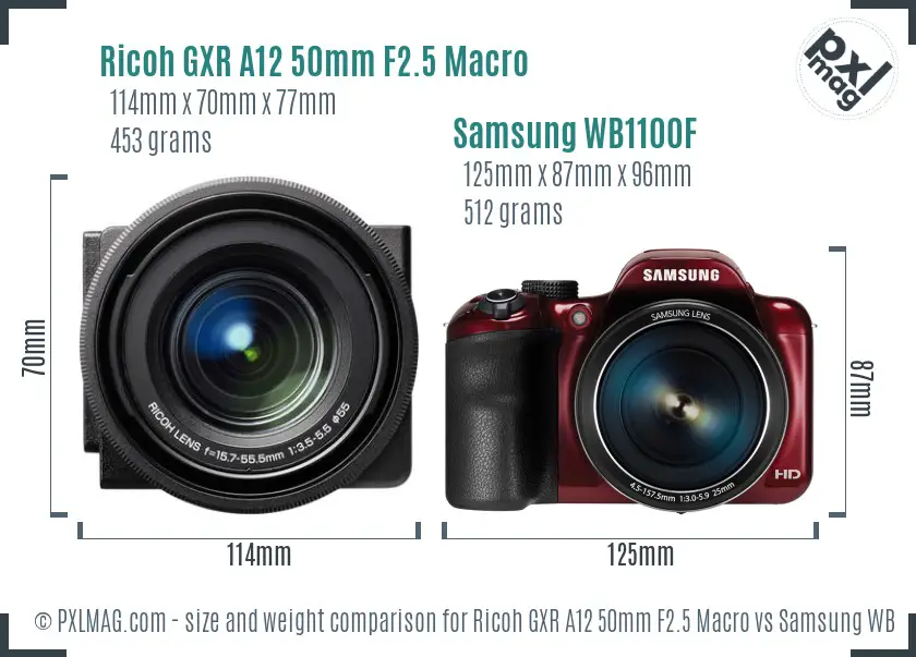 Ricoh GXR A12 50mm F2.5 Macro vs Samsung WB1100F size comparison