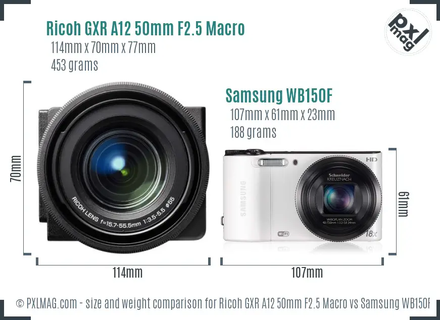 Ricoh GXR A12 50mm F2.5 Macro vs Samsung WB150F size comparison