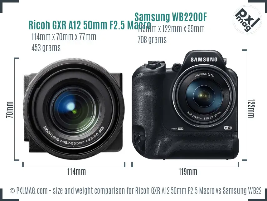 Ricoh GXR A12 50mm F2.5 Macro vs Samsung WB2200F size comparison