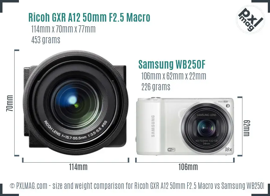 Ricoh GXR A12 50mm F2.5 Macro vs Samsung WB250F size comparison