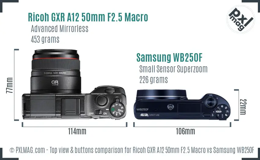 Ricoh GXR A12 50mm F2.5 Macro vs Samsung WB250F top view buttons comparison