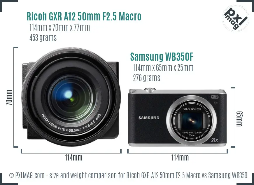 Ricoh GXR A12 50mm F2.5 Macro vs Samsung WB350F size comparison