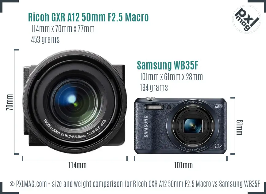 Ricoh GXR A12 50mm F2.5 Macro vs Samsung WB35F size comparison