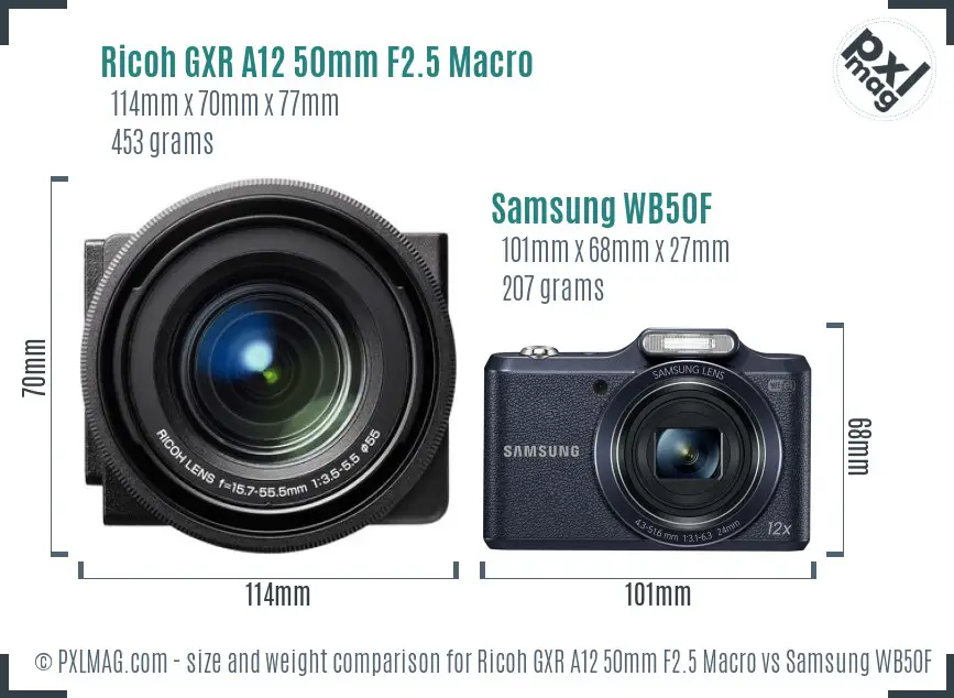 Ricoh GXR A12 50mm F2.5 Macro vs Samsung WB50F size comparison