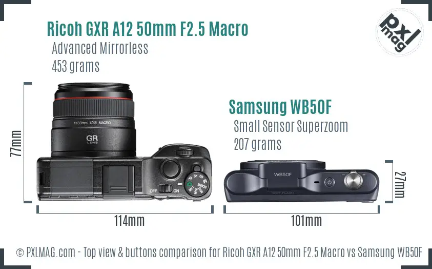 Ricoh GXR A12 50mm F2.5 Macro vs Samsung WB50F top view buttons comparison
