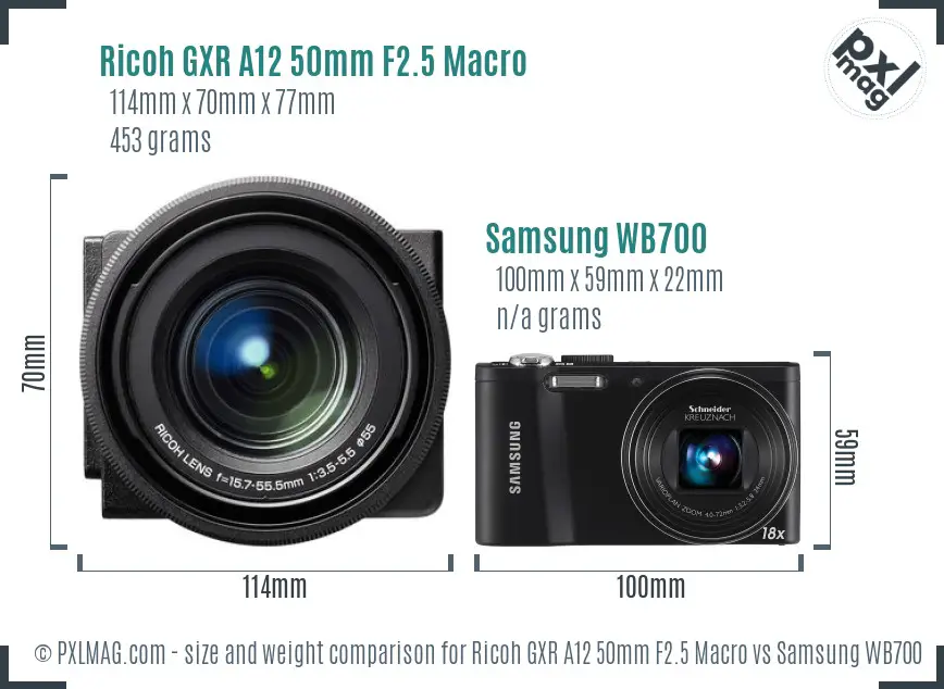 Ricoh GXR A12 50mm F2.5 Macro vs Samsung WB700 size comparison