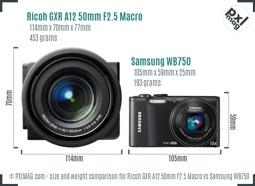Ricoh GXR A12 50mm F2.5 Macro vs Samsung WB750 size comparison