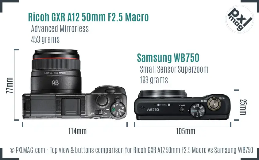 Ricoh GXR A12 50mm F2.5 Macro vs Samsung WB750 top view buttons comparison