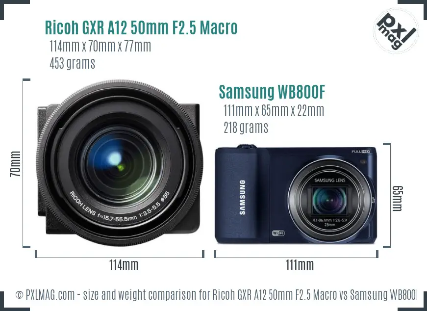 Ricoh GXR A12 50mm F2.5 Macro vs Samsung WB800F size comparison