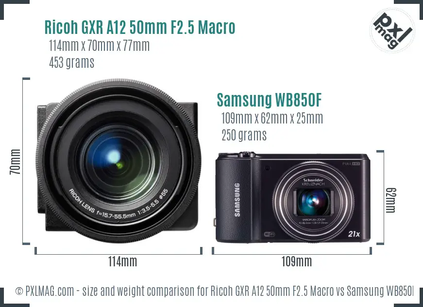 Ricoh GXR A12 50mm F2.5 Macro vs Samsung WB850F size comparison