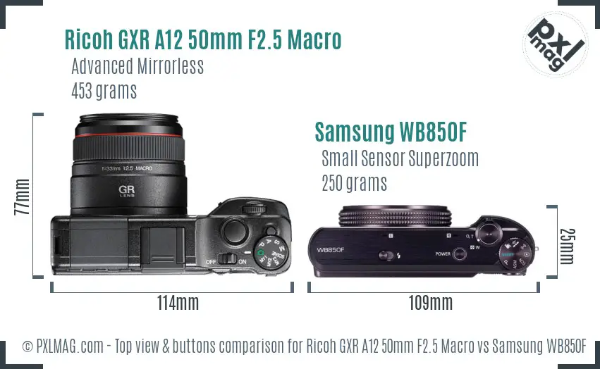 Ricoh GXR A12 50mm F2.5 Macro vs Samsung WB850F top view buttons comparison
