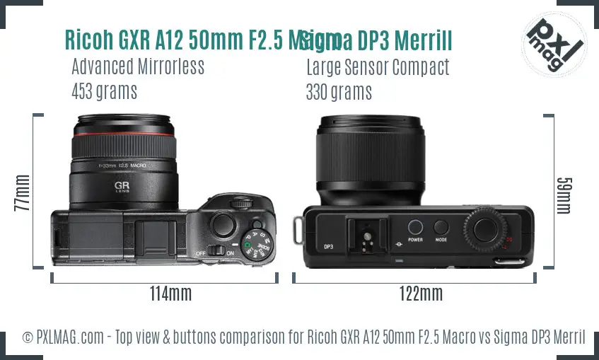Ricoh GXR A12 50mm F2.5 Macro vs Sigma DP3 Merrill top view buttons comparison