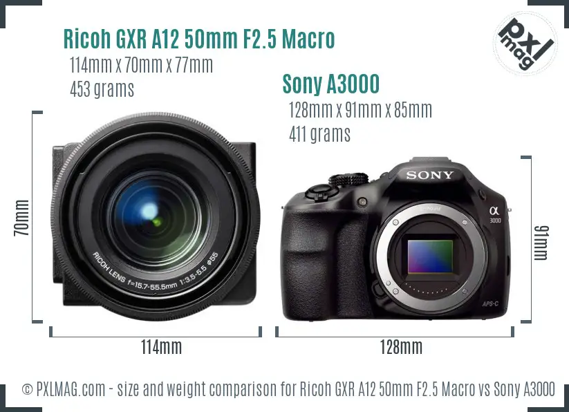 Ricoh GXR A12 50mm F2.5 Macro vs Sony A3000 size comparison