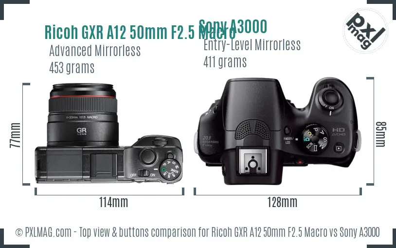Ricoh GXR A12 50mm F2.5 Macro vs Sony A3000 top view buttons comparison