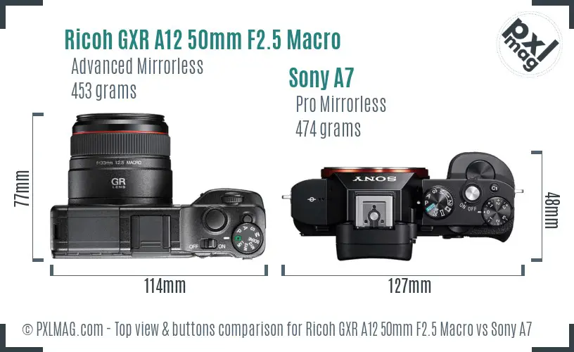 Ricoh GXR A12 50mm F2.5 Macro vs Sony A7 top view buttons comparison