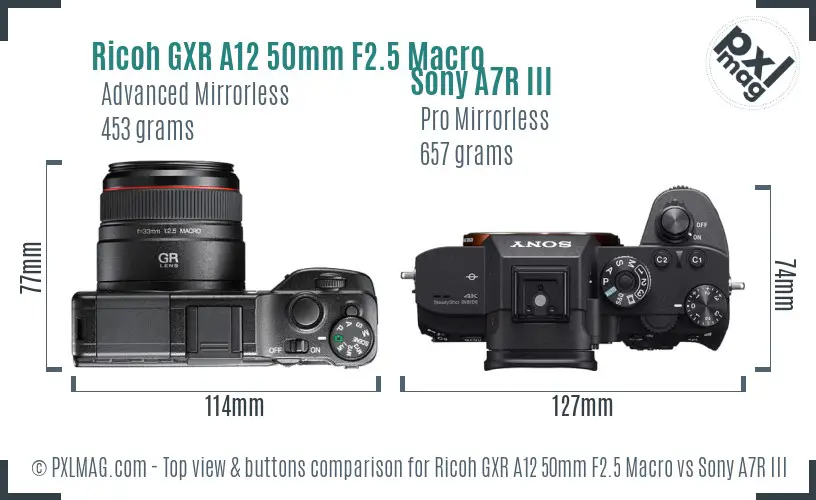 Ricoh GXR A12 50mm F2.5 Macro vs Sony A7R III top view buttons comparison