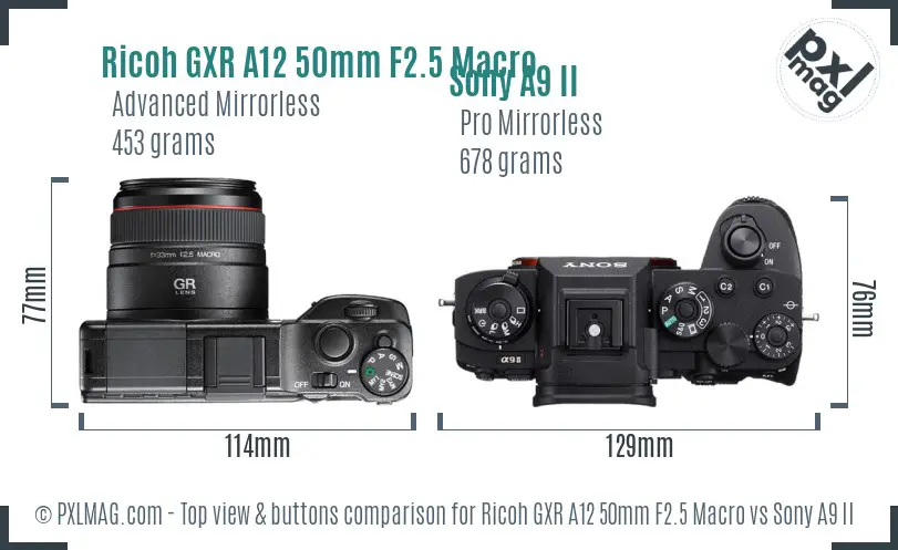 Ricoh GXR A12 50mm F2.5 Macro vs Sony A9 II top view buttons comparison