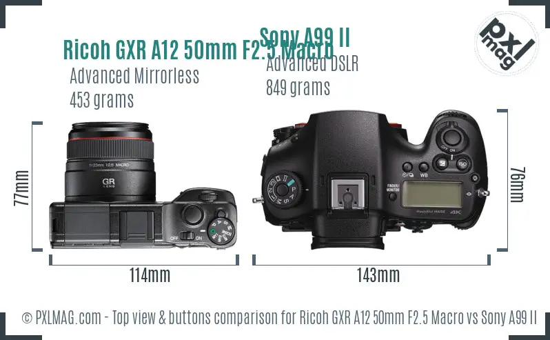 Ricoh GXR A12 50mm F2.5 Macro vs Sony A99 II top view buttons comparison