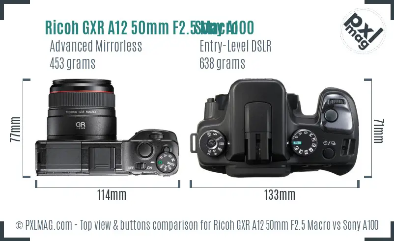 Ricoh GXR A12 50mm F2.5 Macro vs Sony A100 top view buttons comparison