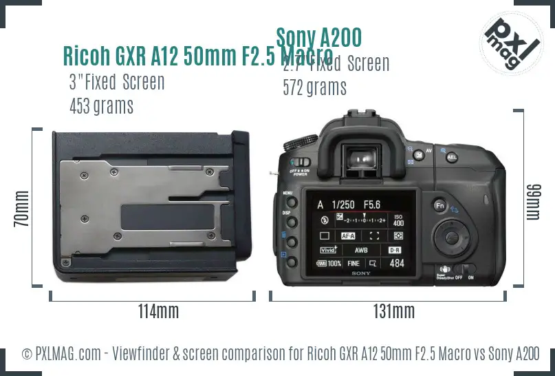 Ricoh GXR A12 50mm F2.5 Macro vs Sony A200 Screen and Viewfinder comparison