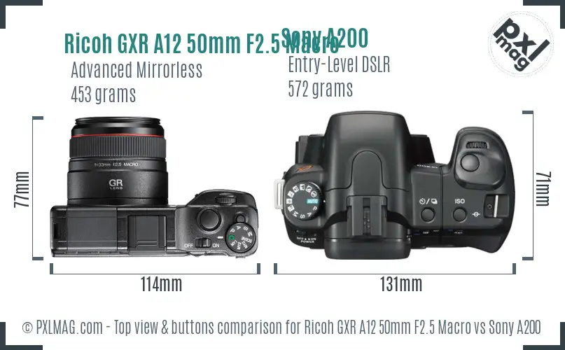 Ricoh GXR A12 50mm F2.5 Macro vs Sony A200 top view buttons comparison