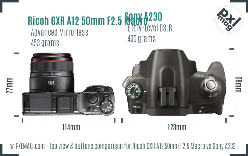 Ricoh GXR A12 50mm F2.5 Macro vs Sony A230 top view buttons comparison