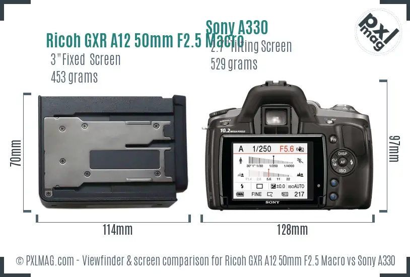 Ricoh GXR A12 50mm F2.5 Macro vs Sony A330 Screen and Viewfinder comparison