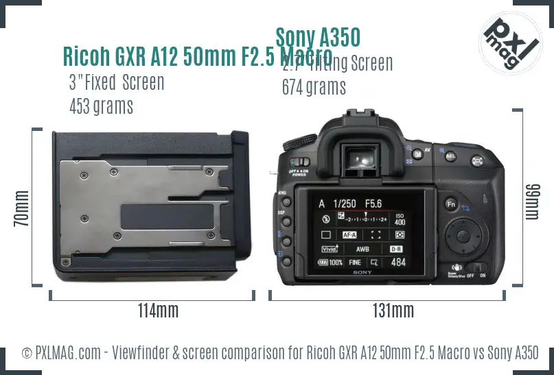 Ricoh GXR A12 50mm F2.5 Macro vs Sony A350 Screen and Viewfinder comparison