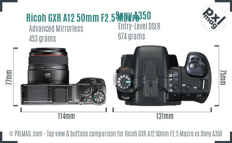 Ricoh GXR A12 50mm F2.5 Macro vs Sony A350 top view buttons comparison