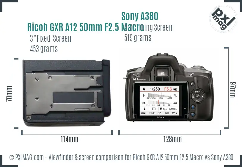 Ricoh GXR A12 50mm F2.5 Macro vs Sony A380 Screen and Viewfinder comparison