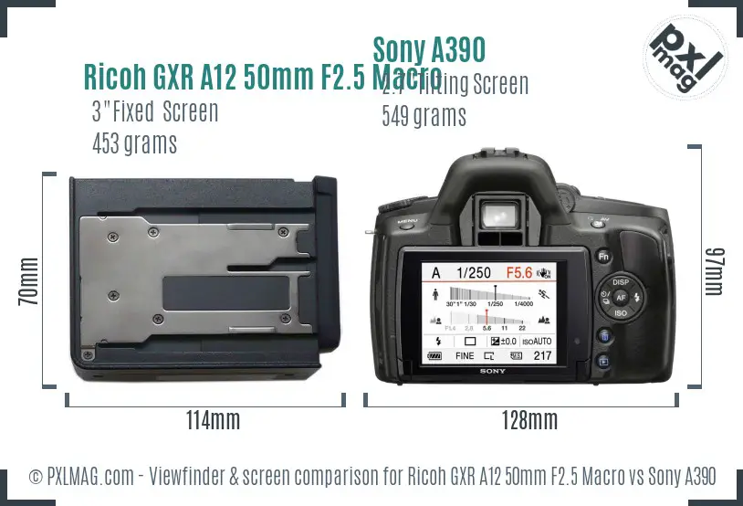 Ricoh GXR A12 50mm F2.5 Macro vs Sony A390 Screen and Viewfinder comparison