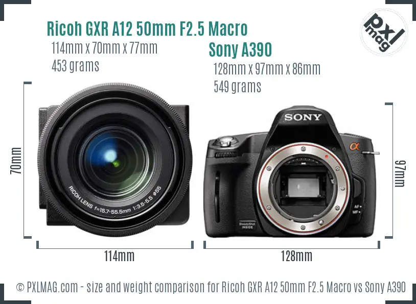Ricoh GXR A12 50mm F2.5 Macro vs Sony A390 size comparison
