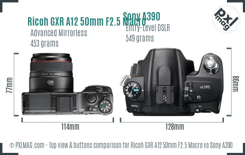 Ricoh GXR A12 50mm F2.5 Macro vs Sony A390 top view buttons comparison