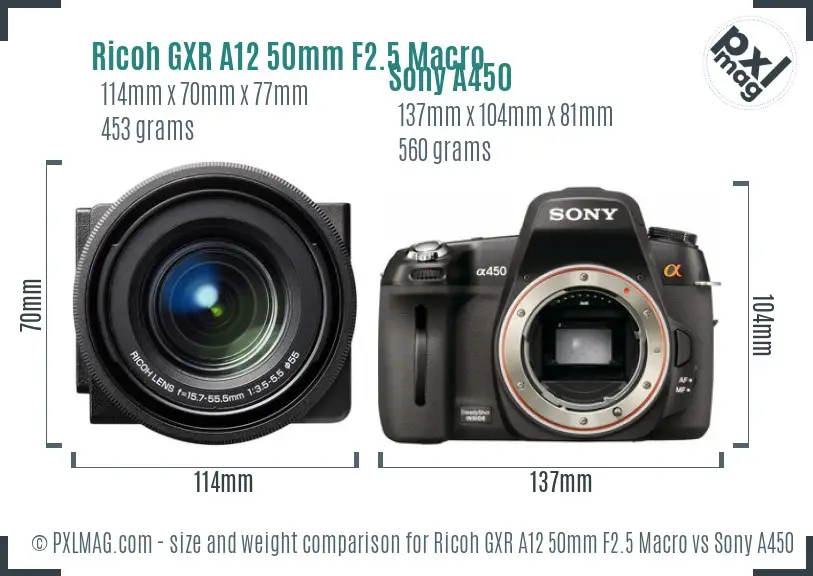 Ricoh GXR A12 50mm F2.5 Macro vs Sony A450 size comparison