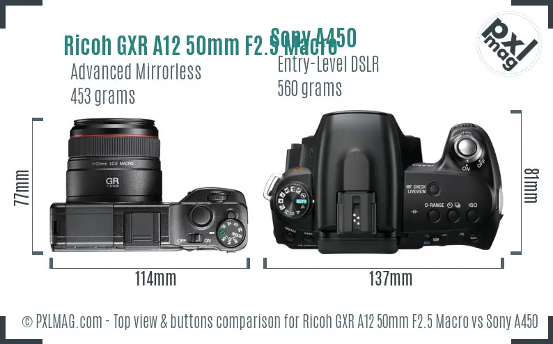 Ricoh GXR A12 50mm F2.5 Macro vs Sony A450 top view buttons comparison