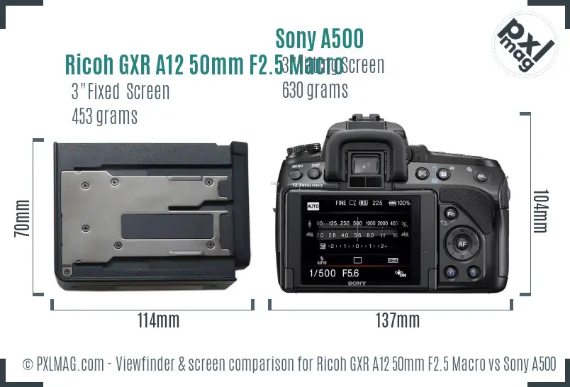 Ricoh GXR A12 50mm F2.5 Macro vs Sony A500 Screen and Viewfinder comparison