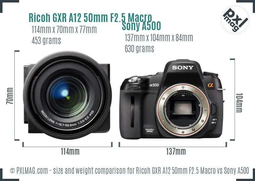 Ricoh GXR A12 50mm F2.5 Macro vs Sony A500 size comparison