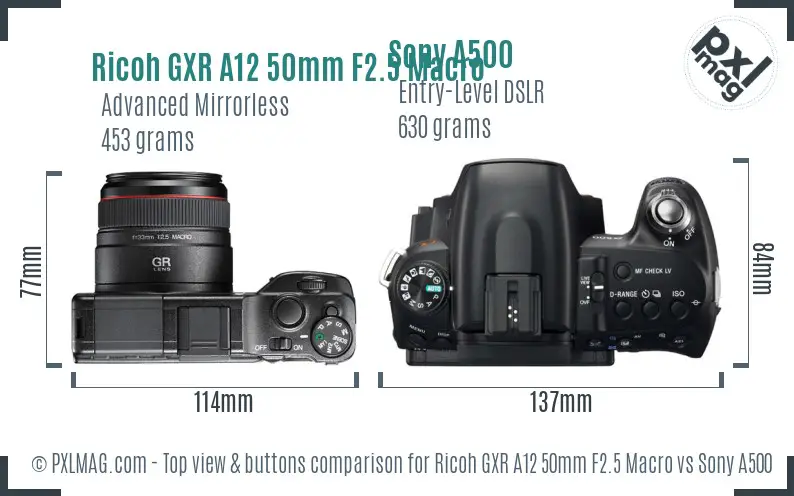 Ricoh GXR A12 50mm F2.5 Macro vs Sony A500 top view buttons comparison