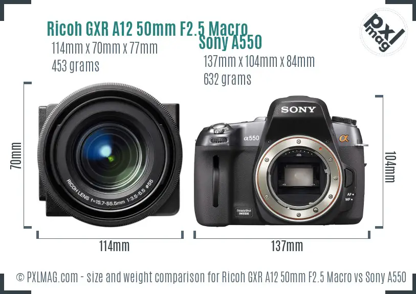 Ricoh GXR A12 50mm F2.5 Macro vs Sony A550 size comparison