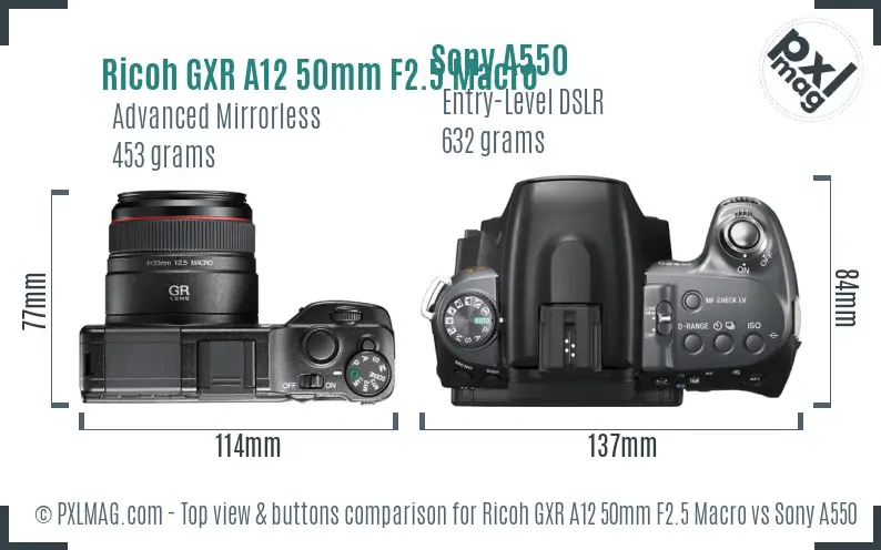 Ricoh GXR A12 50mm F2.5 Macro vs Sony A550 top view buttons comparison