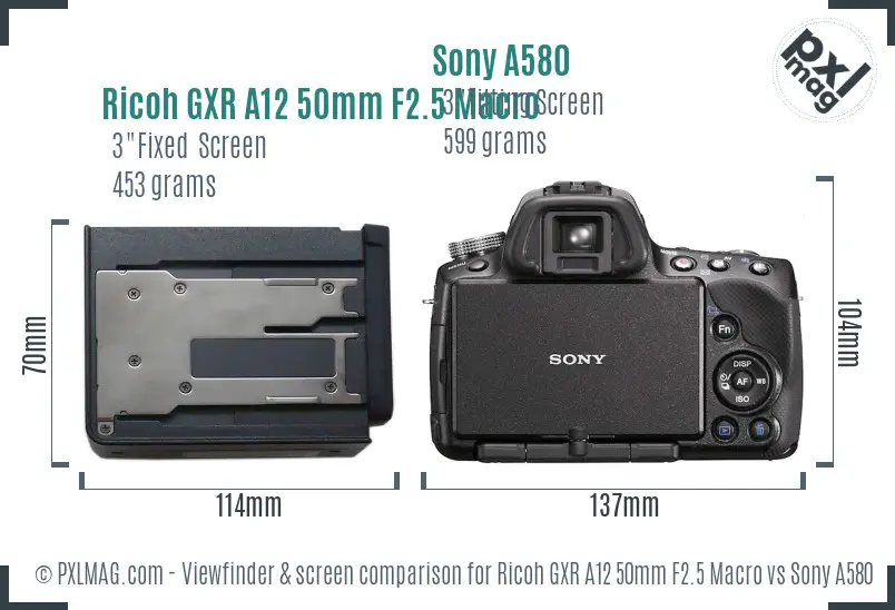 Ricoh GXR A12 50mm F2.5 Macro vs Sony A580 Screen and Viewfinder comparison