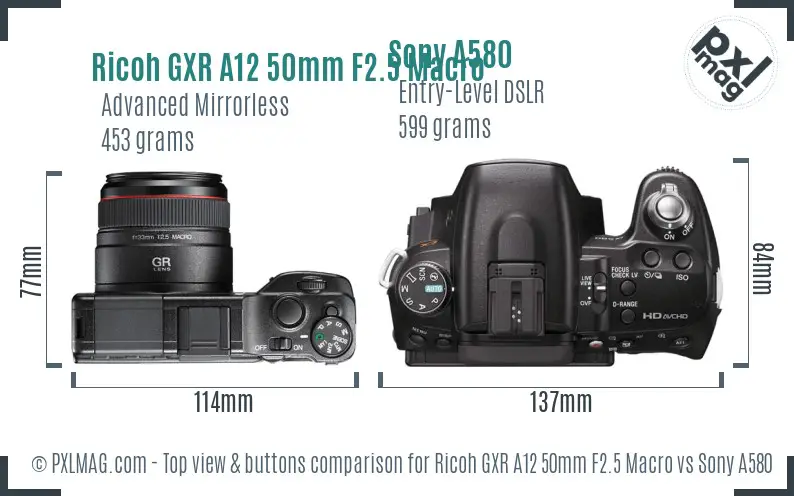 Ricoh GXR A12 50mm F2.5 Macro vs Sony A580 top view buttons comparison