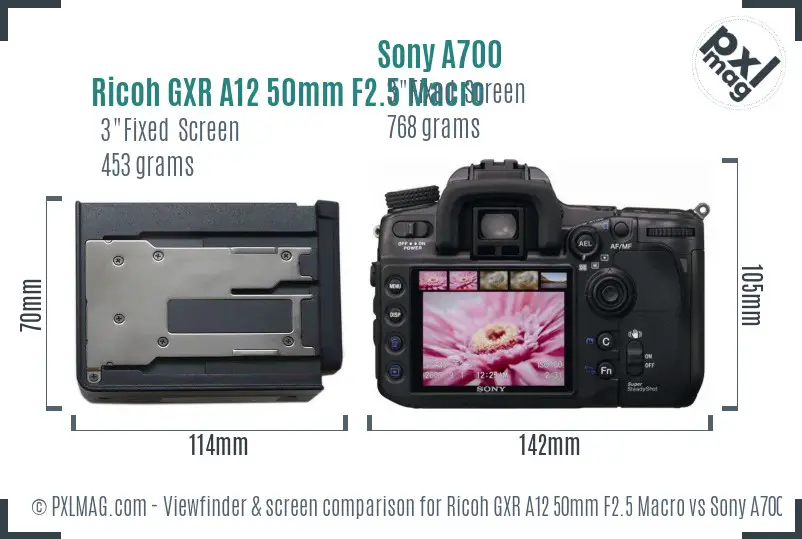 Ricoh GXR A12 50mm F2.5 Macro vs Sony A700 Screen and Viewfinder comparison