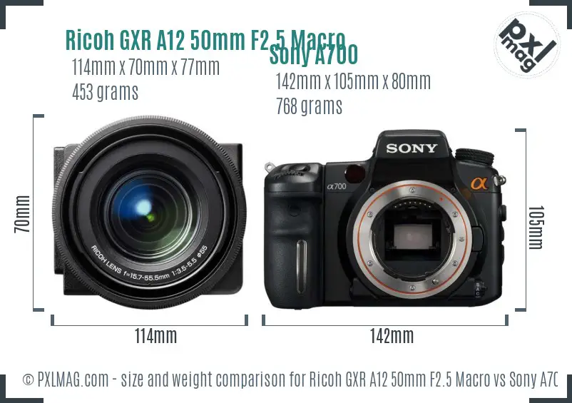 Ricoh GXR A12 50mm F2.5 Macro vs Sony A700 size comparison