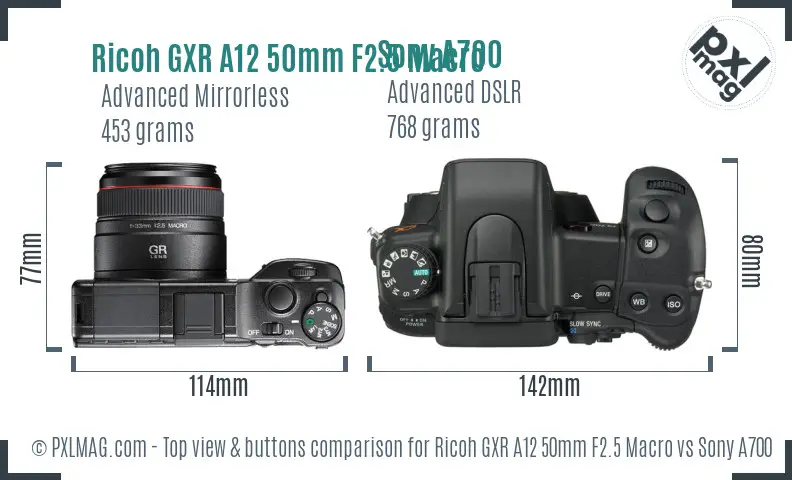 Ricoh GXR A12 50mm F2.5 Macro vs Sony A700 top view buttons comparison