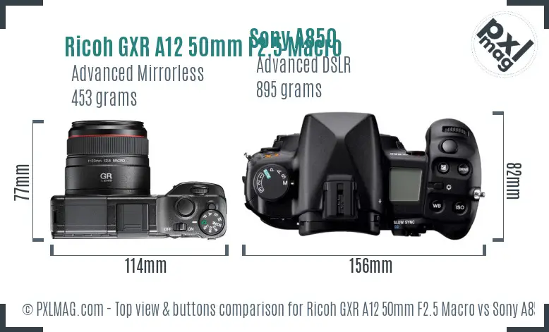 Ricoh GXR A12 50mm F2.5 Macro vs Sony A850 top view buttons comparison