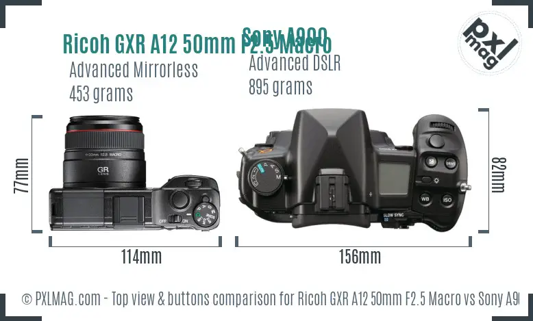 Ricoh GXR A12 50mm F2.5 Macro vs Sony A900 top view buttons comparison