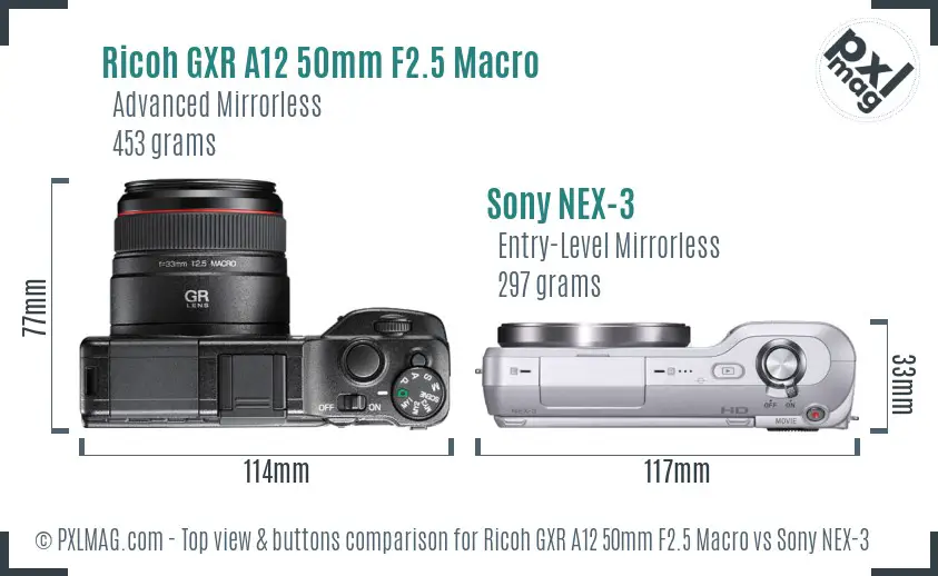 Ricoh GXR A12 50mm F2.5 Macro vs Sony NEX-3 top view buttons comparison