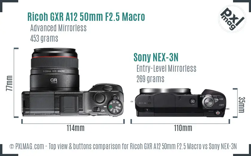 Ricoh GXR A12 50mm F2.5 Macro vs Sony NEX-3N top view buttons comparison