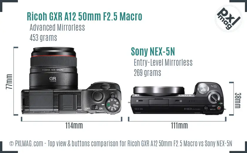 Ricoh GXR A12 50mm F2.5 Macro vs Sony NEX-5N top view buttons comparison